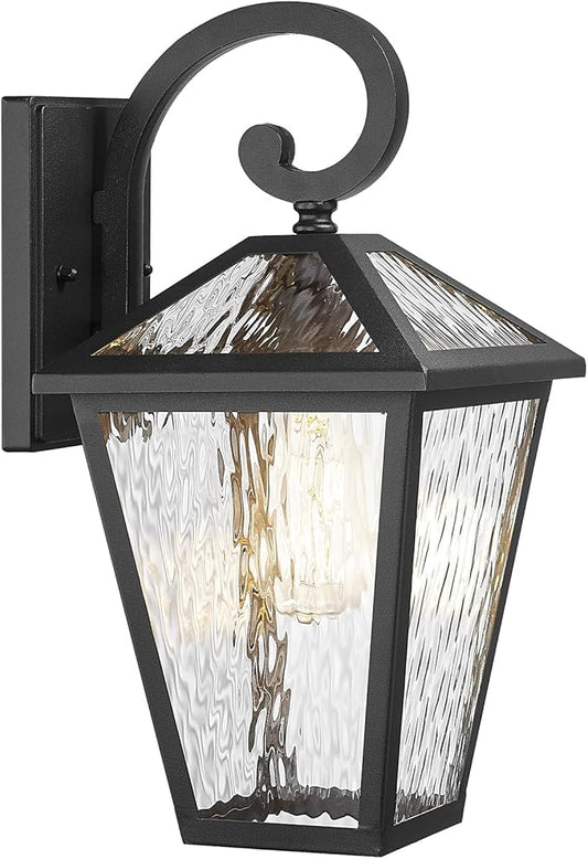 Outdoor Lights Fixtures Wall Mount, Outdoor Wall Lantern with Water Ripple Glass, Waterproof Outside Exterior Wall Sconce Lights Fixture for House, Front Porch, Patio, Large, Matte Black