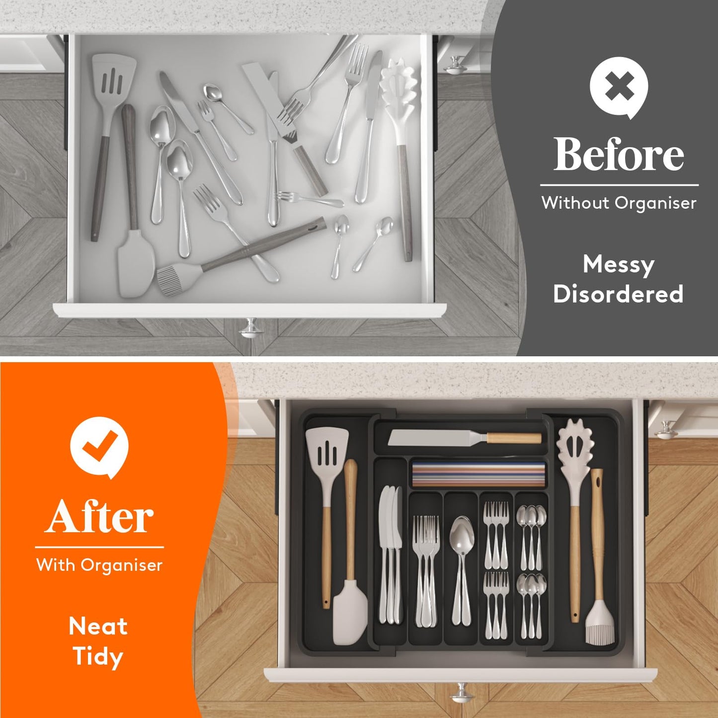 Lifewit Expandable Cutlery Drawer Organiser, Adjustable Cutlery Tray, 9 Compartment, Utensil Holder for Forks, Spoons, Knives, Plastic Kitchen Organiser and Storage, Black