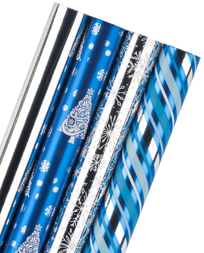 WRAPAHOLIC 30 Inch Christmas Wrapping Paper Roll - Jumbo Roll Blue and Silver Snowflake and Stripe Set with Metallic Foil Shine - 4 Rolls - 30 Inch x 120 Inch Per Roll