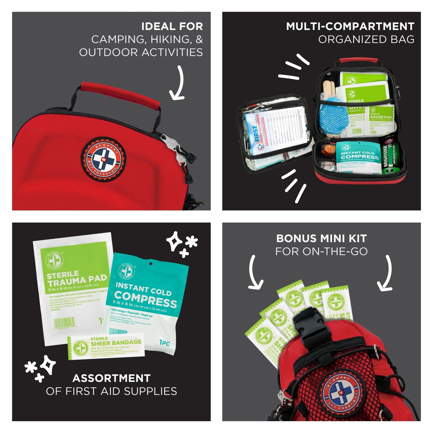 Be Smart Get Prepared 398pc Emergency First Aid Kit + BONUS Mini Kit included - Ideal for Office, Home, Car, School, Emergency, Survival, Camping, Hunting, Boating and Sports, FSA HSA eligible.