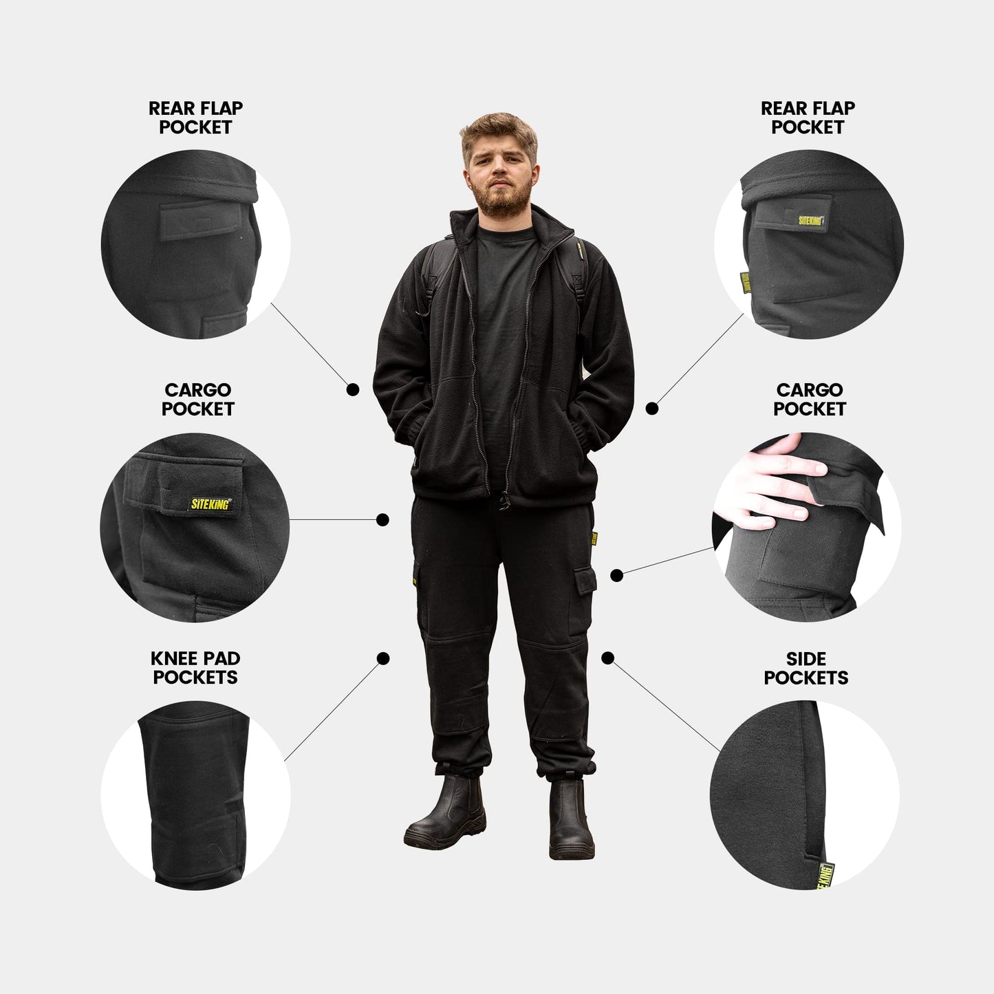 SITE KING Mens Cargo Combat Work Tracksuit Jogging Bottoms with Knee Pad Pockets Size S to 5XL Fleece Pants (Large - 38/40 Waist, Charcoal)