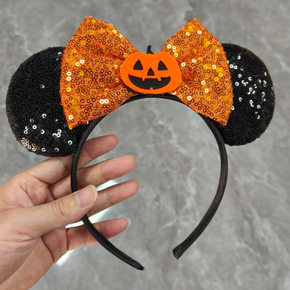 TEBWPIY Halloween Headband - Black Mouse Ears Headband with Shiny Orange Bows and Pumpkin Decoration, Costume Headwear for Girls Women, One Size Fits Most