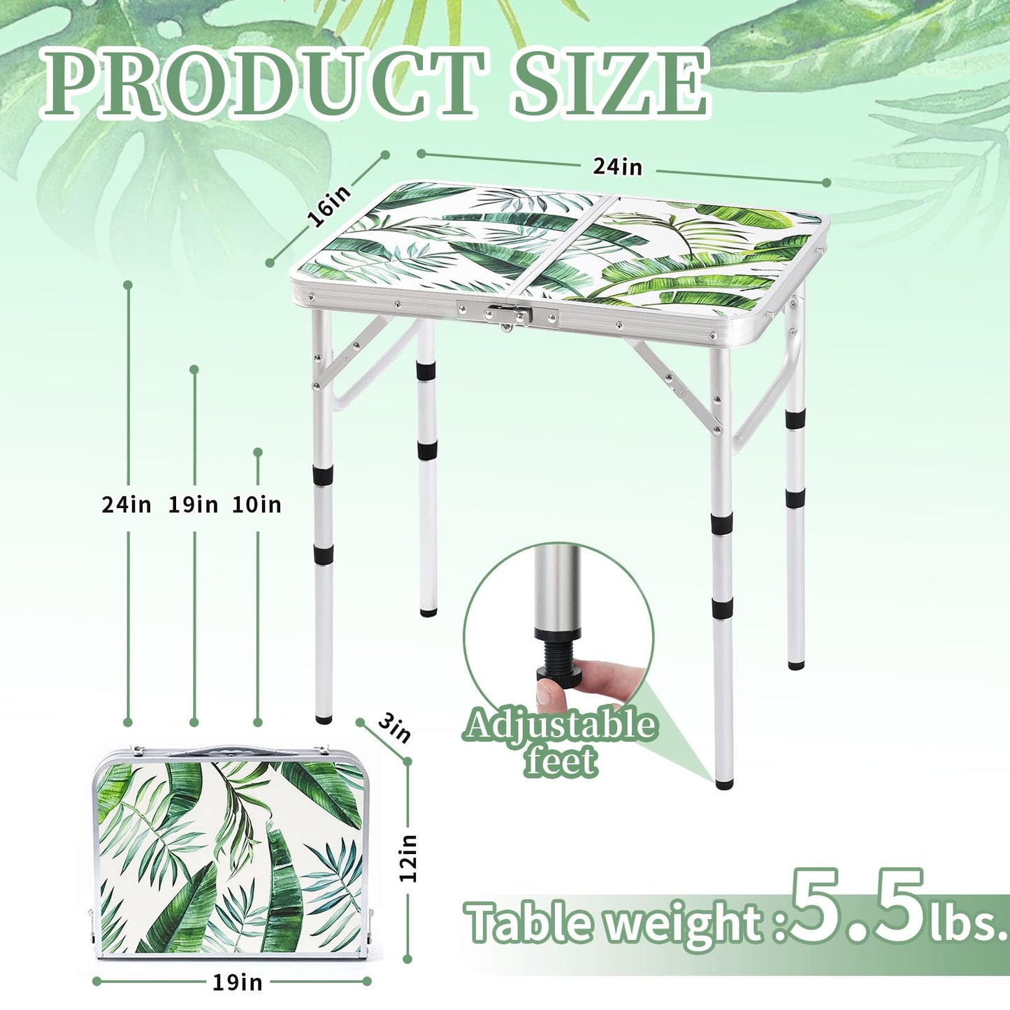 Folding Camping Table 2ft Portable Pinic Table Adjustable Height Small Card Table Aluminum Foldable Lightweight with Carry Handle for Outdoor Indoor Hiking Camp BBQ Beach (Monstera Palm Leaves)
