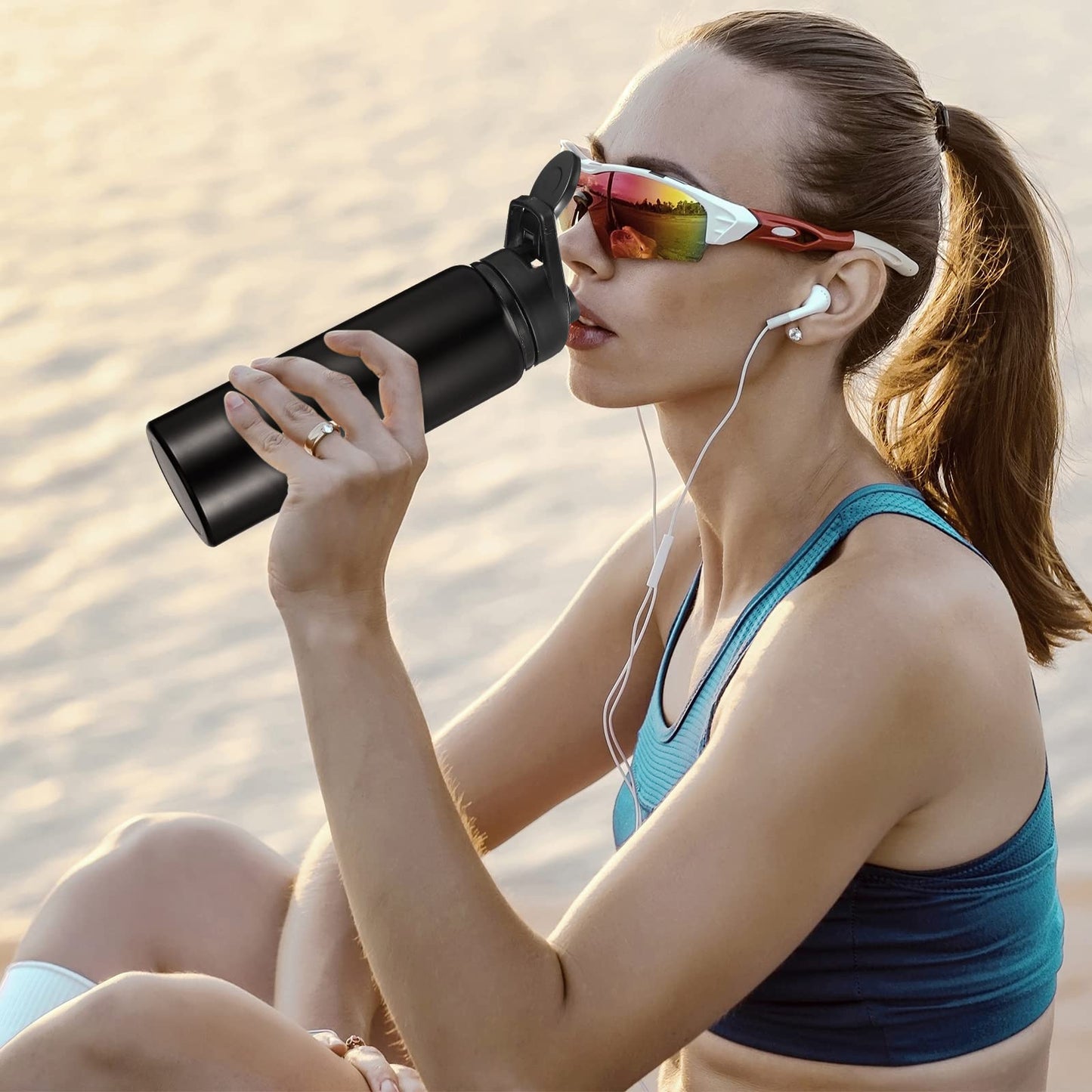 Chengu 10 Pcs 24oz Reusable Aluminum Water Bottle Bulk Operation Christmas Outdoor Lightweight Sports Water Bottles Easy Carry Leak Proof for Travel, Gym Camping Hiking Fishing, Snap Lid (Black)
