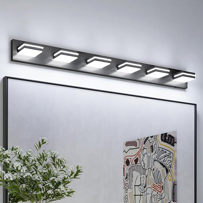 VOLISUN Modern Bathroom Vanity Light Fixtures (6-Light, 48-Inch), Matte Black LED Bathroom Lighting Fixtures Over Mirror, 360°Rotatable Head, LED Vanity Lights for Bathrooms (Cool White 6000K)