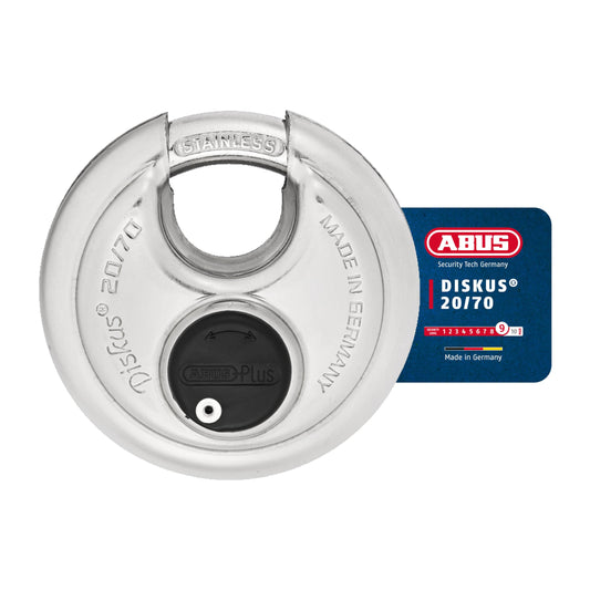 ABUS Diskus 20/70 Heavy Duty Stainless Steel Disk Padlock - Rustproof Lock with 3/8" Shackle - Made in Germany - Keyed Different