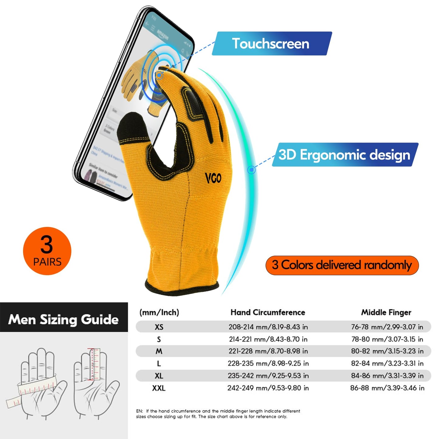 Vgo... 3 Pairs Safety Work Gloves - Builder & Gardening Gloves (Size L, 3 Colours, NB7581)