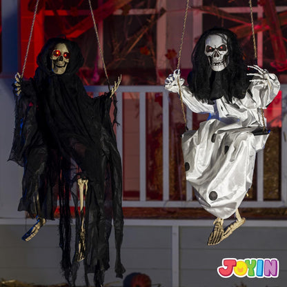 JOYIN Halloween Scary Decorations Outdoor, 2 Packs Halloween Hanging Swinging Ghosts Decor with Lighted Up Eyes, Creepy Swinging Skeleton Flying Props for Yard Patio Lawn Garden