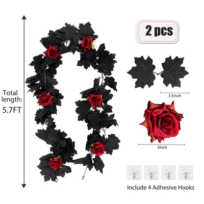 Artificial Black Garland Hanging Vine Artificial Floral Vines Fall Garland Hanging Flower Fake Rose Vines for Black and Burgundy Wedding Decor Halloween Indoor Outdoor Party Wall (Red Rose)