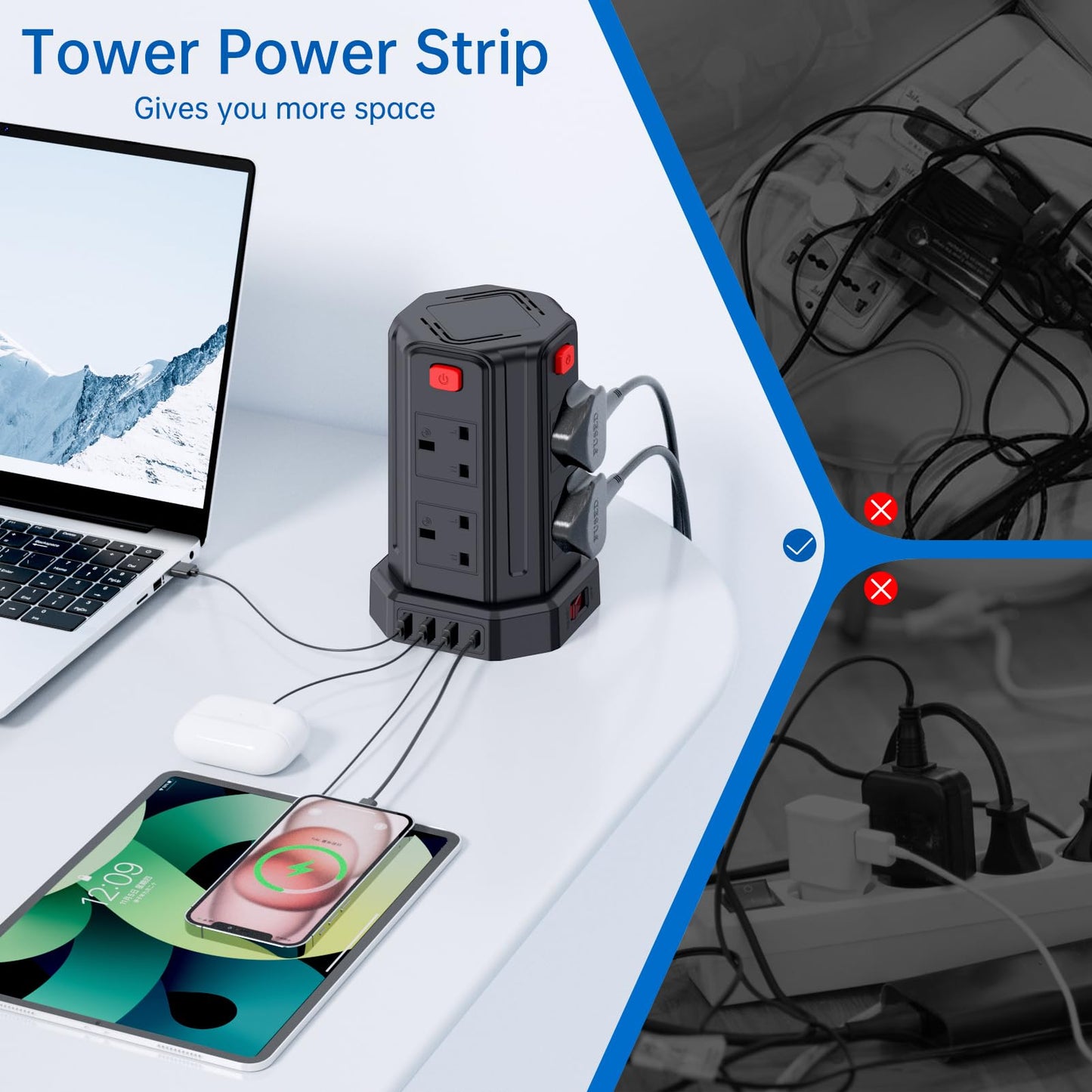 Tower Extension Lead, [13A 3250W] Surge Protector Extension Lead,8 AC Outlets & 4 USB Ports Multi Plug Socket Power Strip with 3M Extension Cable for Home, Office