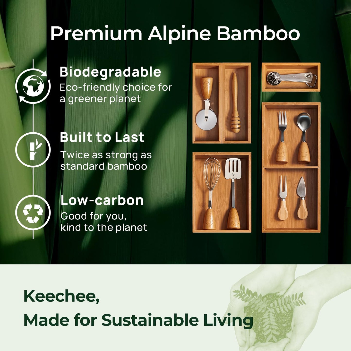 Carbonized Bamboo Kitchen Drawer Organizer, 8 Slots Silverware Organizer, Utensil Holder & Cutlery Tray, 2.2" Deep for Extra Capacity, Non-Slip Feet Included