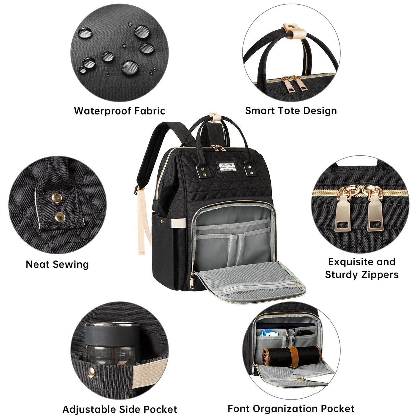 VSNOON Laptop Backpack for Women,15.6 Inch Stylish Laptop Rucksack Wide Open, Travel Backpack with USB Charging Port, Water Resistant Work Bag Computer Backpack for Women, Black