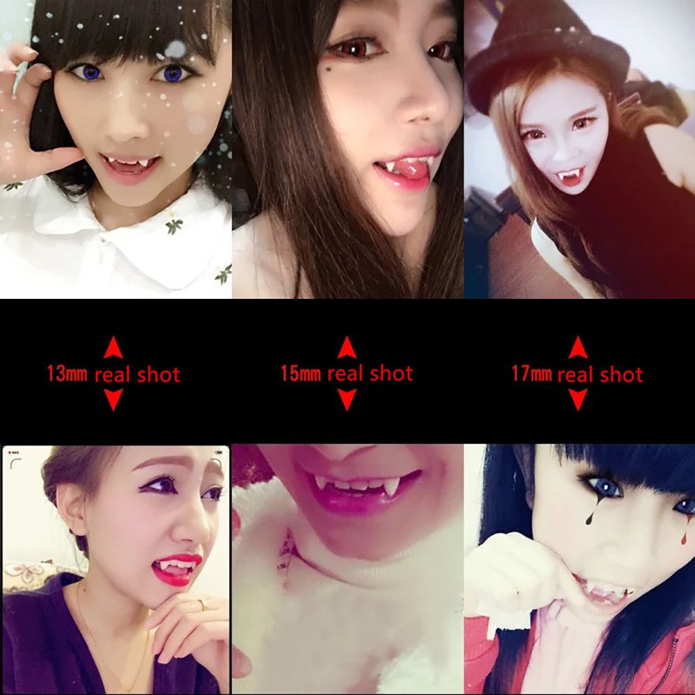 Secaden Cosplay 3 Pairs Vampire Teeth with Adhesive Dentures Halloween Party Props Fangs (13mm, 15mm, 17mm)