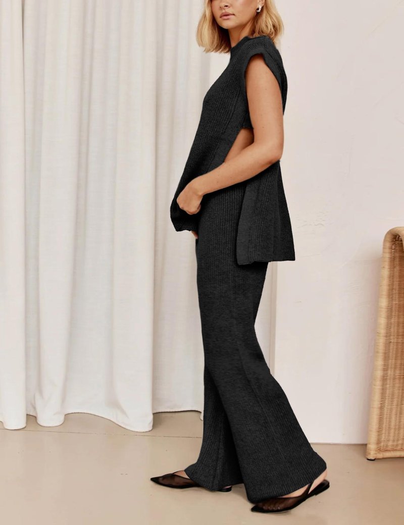 Lviefent Womens 2 Piece Outfits Sweater Set Sleeveless Side Slit Pullover Top Knit Wide Leg Pants Lounge Matching Sets (Black-L)