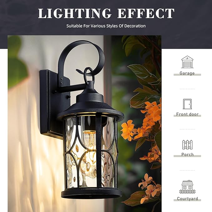 zeyu Wall Mounted Lantern Light, 15.5 Inch Outdoor Wall Light Fixtures for House in Black Finish, Die-Cast Aluminum with Water Ripple Glass, ZX111B BK-WG