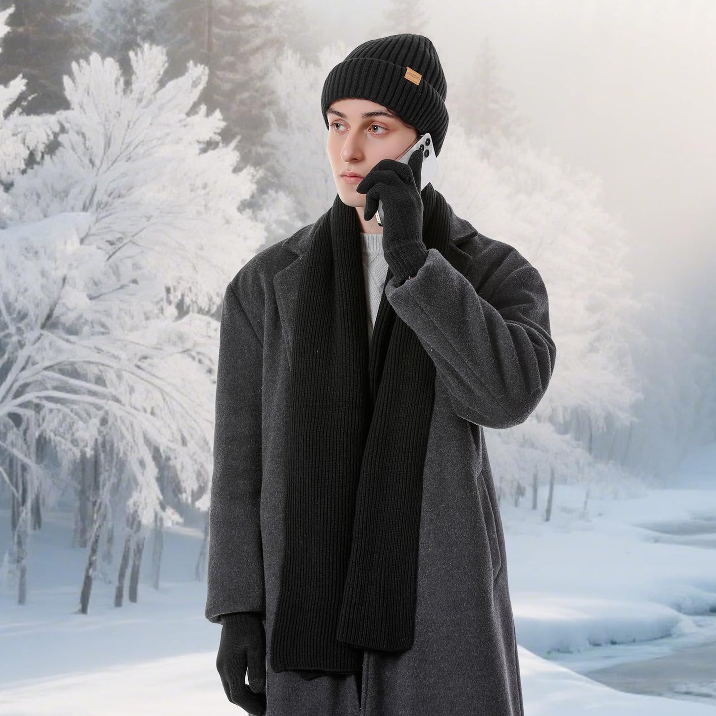 Winter Beanie Hats for Men Long Neck Scarf and Touchscreen Gloves Set with Fleece Lined Skull Caps Gifts for Men Black