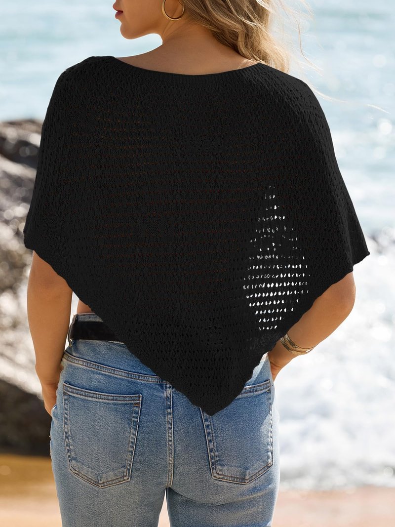 Fisoew Womens Crochet Cover Up Summer Sheer Ponchos Shawl Boho Beach Vacation Off The Shoulder Knit Tops Swimsuit Coverups Black