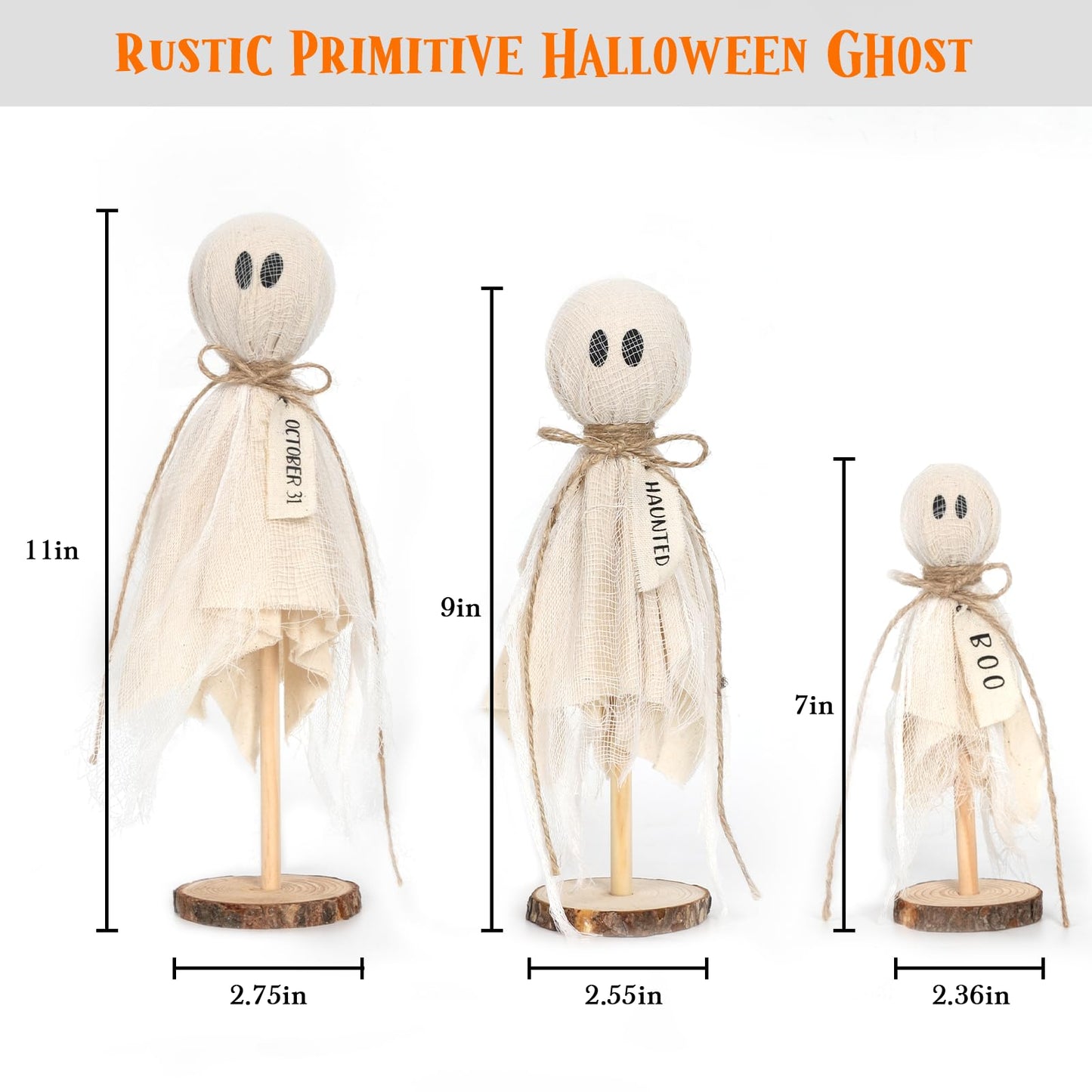DAZONGE Halloween Decorations Indoor - Set of 3 Primitive Halloween Ghosts on Wooden Stand for Table Centerpieces, Shelves, and Mantels