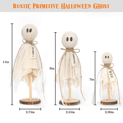 DAZONGE Halloween Decorations Indoor - Set of 3 Primitive Halloween Ghosts on Wooden Stand for Table Centerpieces, Shelves, and Mantels