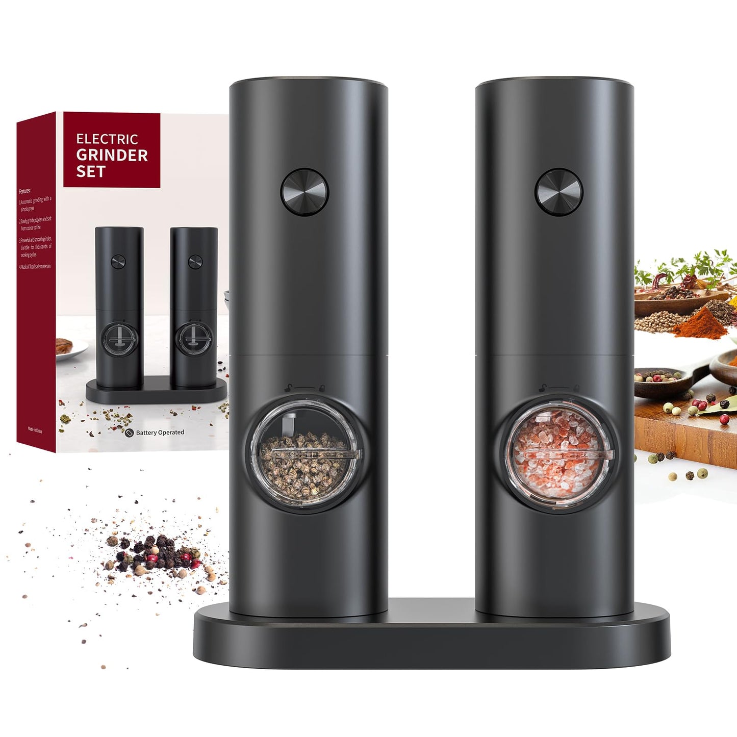 CIRCLE JOY Electric Salt and Pepper Grinder Set, Battery Operated Pepper Mill Grinder with Base, Adjustable Coarseness and Automatic Single Hand Operation, Black