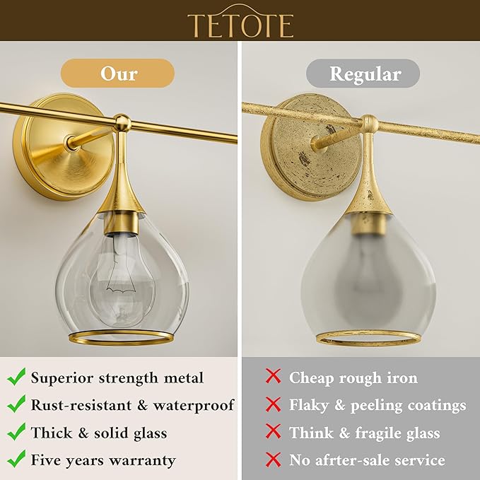 TETOTE 4-Light Modern Bathroom Light Fixtures, 4 Light Vanity Lights Over Mirror Gold Wall Lamp with Clear Glass for Bathroom, Mirror, Living Room, Bedroom, Hallway