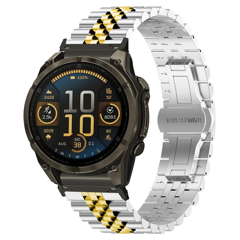 Compatible with Garmin Fenix 8 51mm Bands, 20mm, 22mm, 26mm QuickFit Solid Stainless Steel Metal Band with Butterfly Folding Clasp Link Bracelet Compatible with Enduro, Fenix, Tactix, Descent, Instinct, epix, Approach, Forerunner Series Watch (Silver-Gold