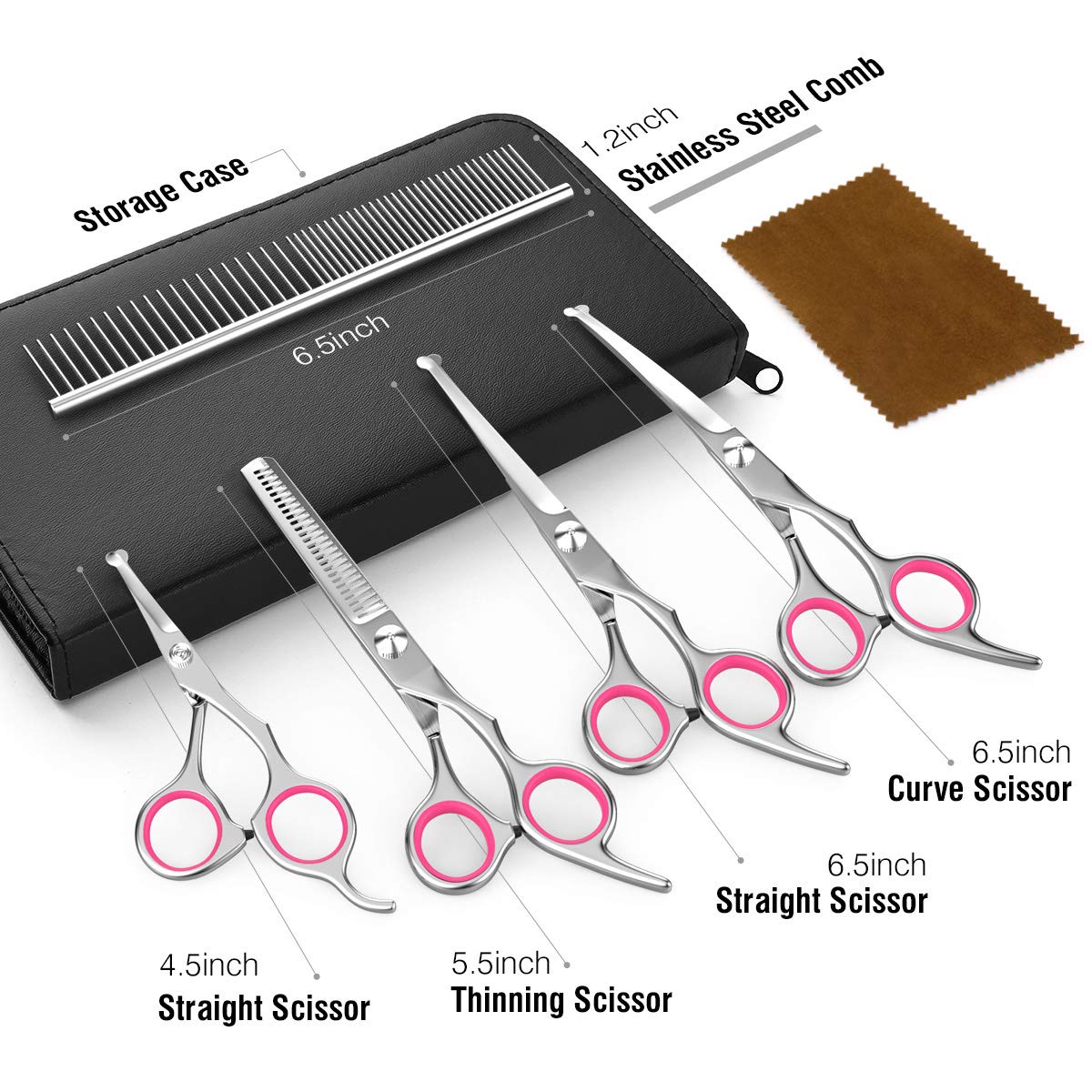 Pawaboo Dog Grooming Scissors Set, 5 Pieces Professional Dog Salon Scissors, Combing Fur Scissors with Round Safety Tip for Pets, Dogs, Cats, Thinning Scissors, Hair Care, Grooming Cutting - Pink