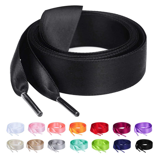 Booyckiy Flat Colorful Satin Ribbon Shoelaces 3/4" Wide Shoe Laces for Women Girls, Black 47inch (120) cm