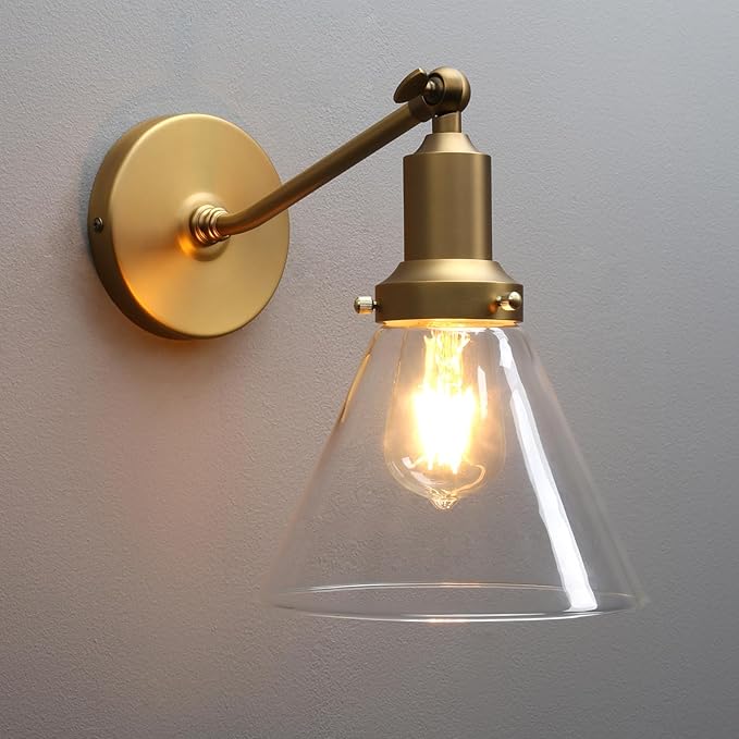PERMO Industrial Vintage Slope Pole Wall Mount Single Sconce with Funnel Flared Clear Glass Shade Wall Sconce Light Lamp Fixture Hardwired (Antique Gold)