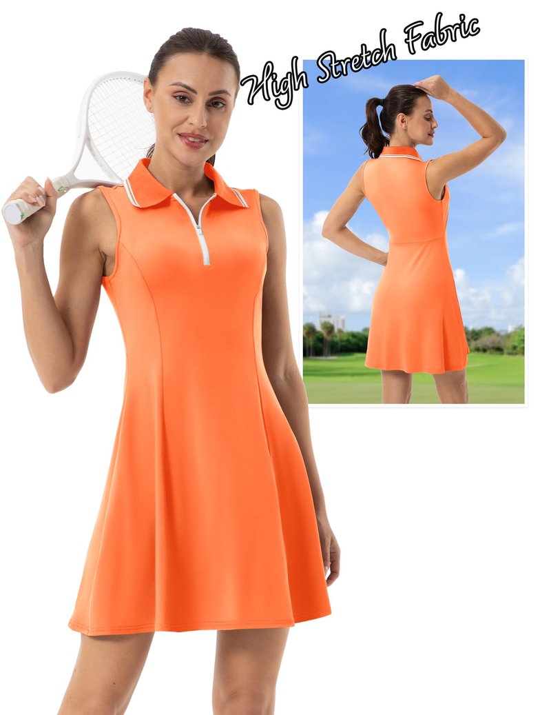 FKEEP Women's Tennis Golf Dress Sport Activewear Workout Athletic Zipper V-Neck with Shorts and Pocket (Bright Orange, XXL)