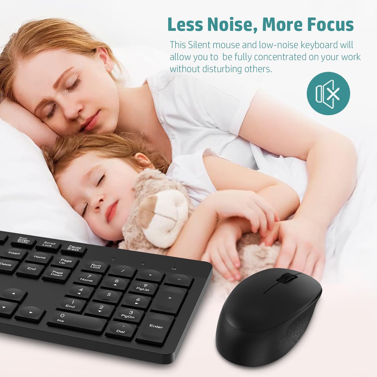 LeadsaiL Wireless Keyboard and Mouse Set, 2.4GHz USB Computer Keyboards and Mouse Combo, Full Size UK QWERTY Layout, Ergonomic Design with 12 Multimedia Shortcuts for HP/Lenovo Laptop and Mac - Black