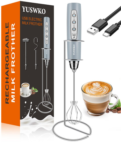 YUSWKO Black Handheld Milk Frother Wand for Coffee, Rechargeable Electric Whisk with 3 Heads 3 Speeds Drink Mixer Coffee Frother For Latte, Cappuccino, Hot Chocolate, Egg