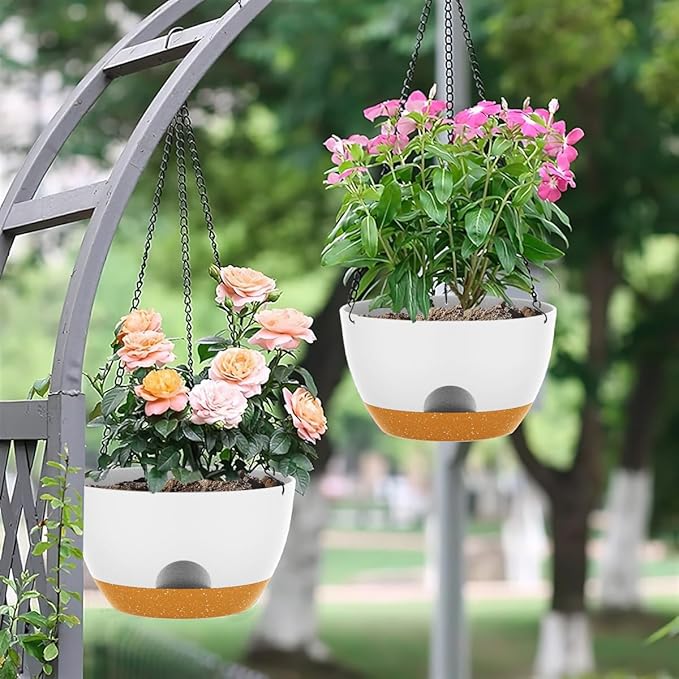 10 Inch Hanging Baskets 2 PC with Chains, Self-Watering Hanging Planters for Indoor Outdoor Plants, Plastic Hanging Flower Pots,White Brown