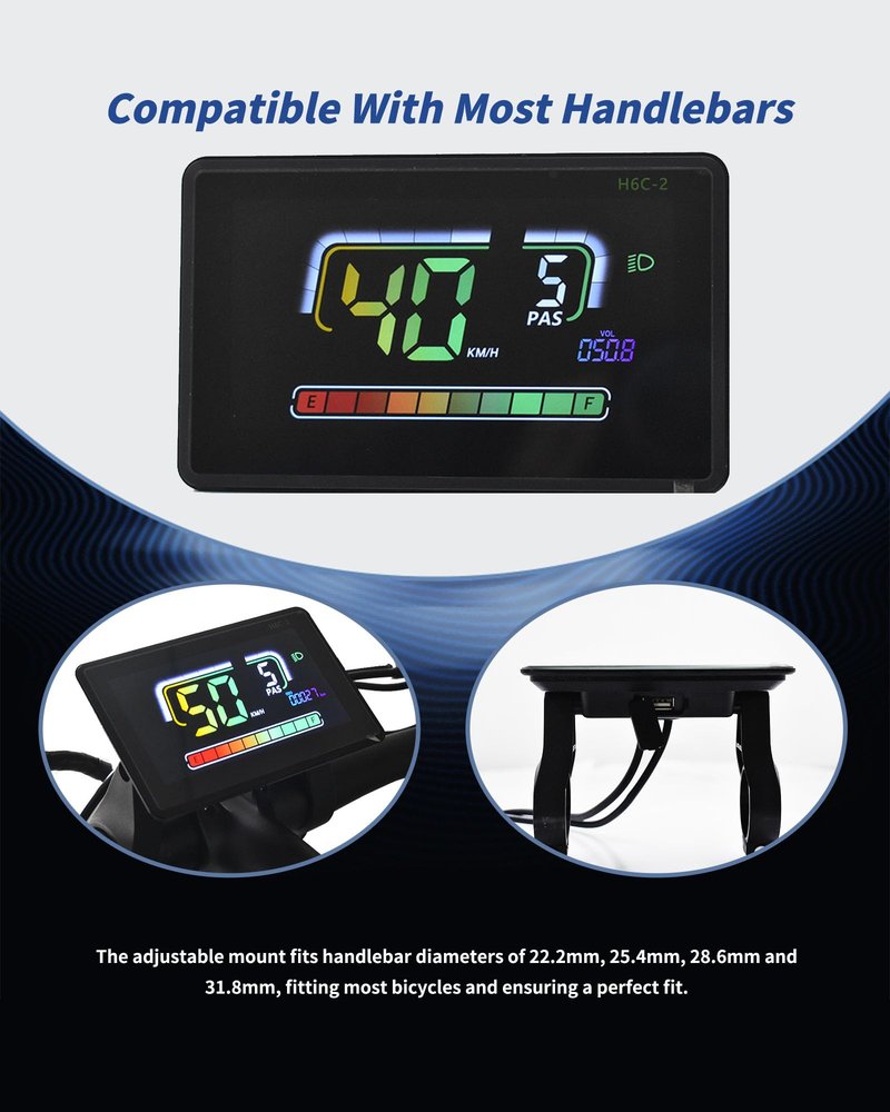 Mcezdy Ebike LCD Display, UART No. 2 Protocol, Colorful Cycling Computer APP Connection, with USB Charging Port, Panel Screen Bicycle Speedometer Odometer(6-Pin)