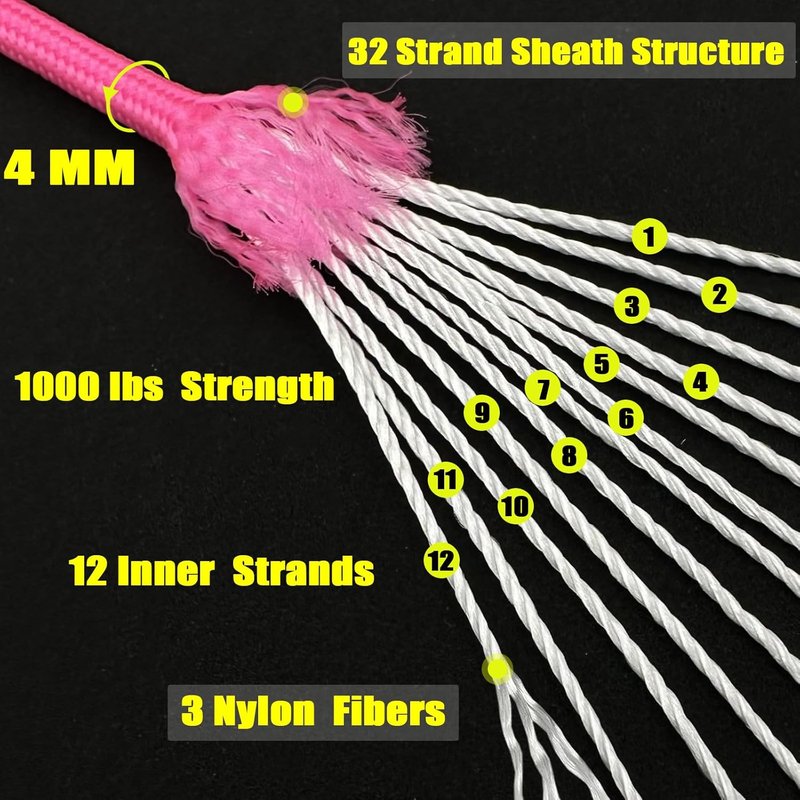 1000 Paracord Rope - 4mm 12-Strand Nylon Parachute Cord for Camping, Hiking & Fishing | Pink, 100FT