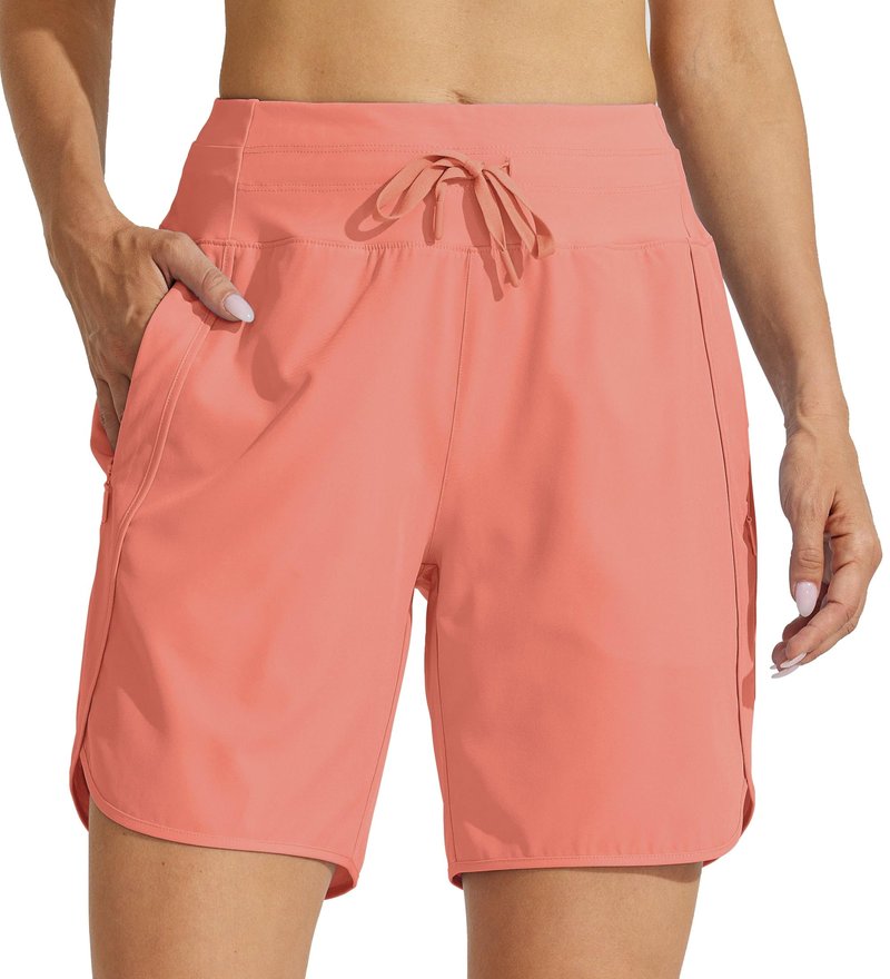 Willit Women's 7" Athletic Running Long Shorts Workout Hiking Shorts Quick Dry High Waisted Active Zipper Pocket Coral 3XL