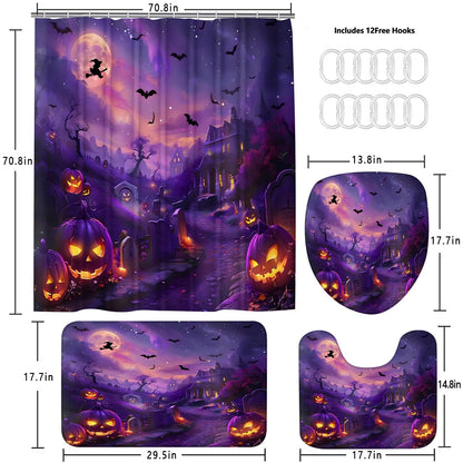 AZHM Halloween Shower Curtain, Castle Pumpkin Party Theme Shower Curtain with Rug, Witch Bat Graveyard Scary Bathroom Decor Set