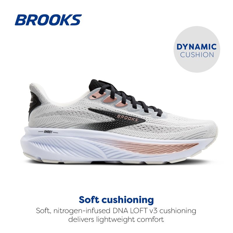 Brooks Women’s Ghost 17 Neutral Running Shoe - White/Black/Rose Gold - 6.5 Medium