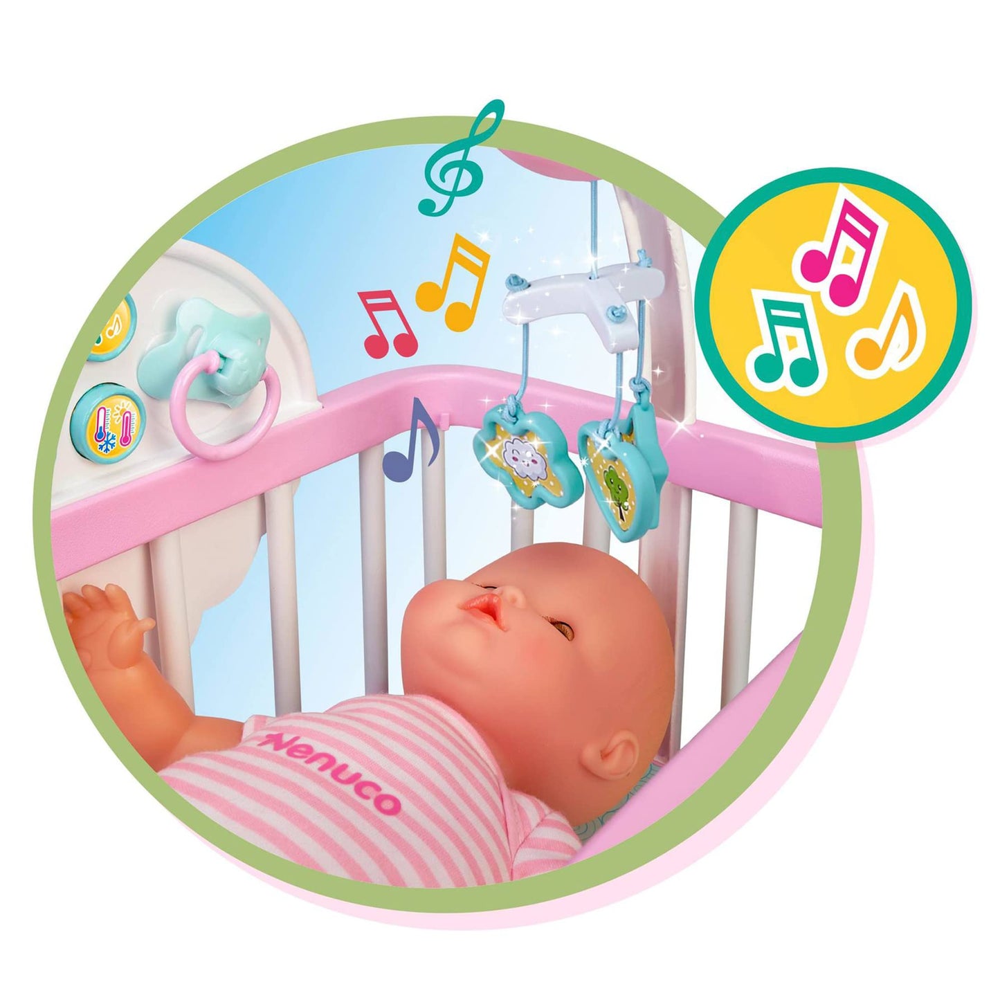 Nenuco - Good sleep cradle, interactive cot with lights and sounds, with a soft body doll for the youngest children and accessories such as bottle and soother, Famosa (700017203)