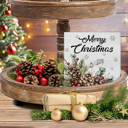Farmhouse Christmas Decorations, Merry Christmas Decor Sign, Elk Trees Pine Cones Holly Berry Wood Sign Rustic Home Table Desk Decor (5 x 5 Inches)