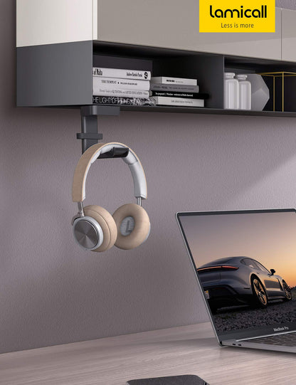 Lamicall Headphone Stand, Sticky Headset Hanger - 360 Degree Rotation Earphone Adhesive Hook Holder Mount, Table Headphone Stand with Cable Organizer, Headset Clamp for HyperX, Sennheiser -White