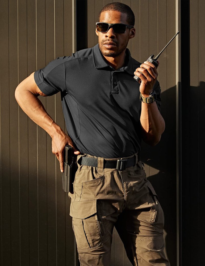 CQR Men's Quick Dry Tactical Polo Shirt, Lightweight Breathable Performance Polo, Short Sleeve UPF 50+ Outdoor Golf Shirt, Frost Pro Black, Large