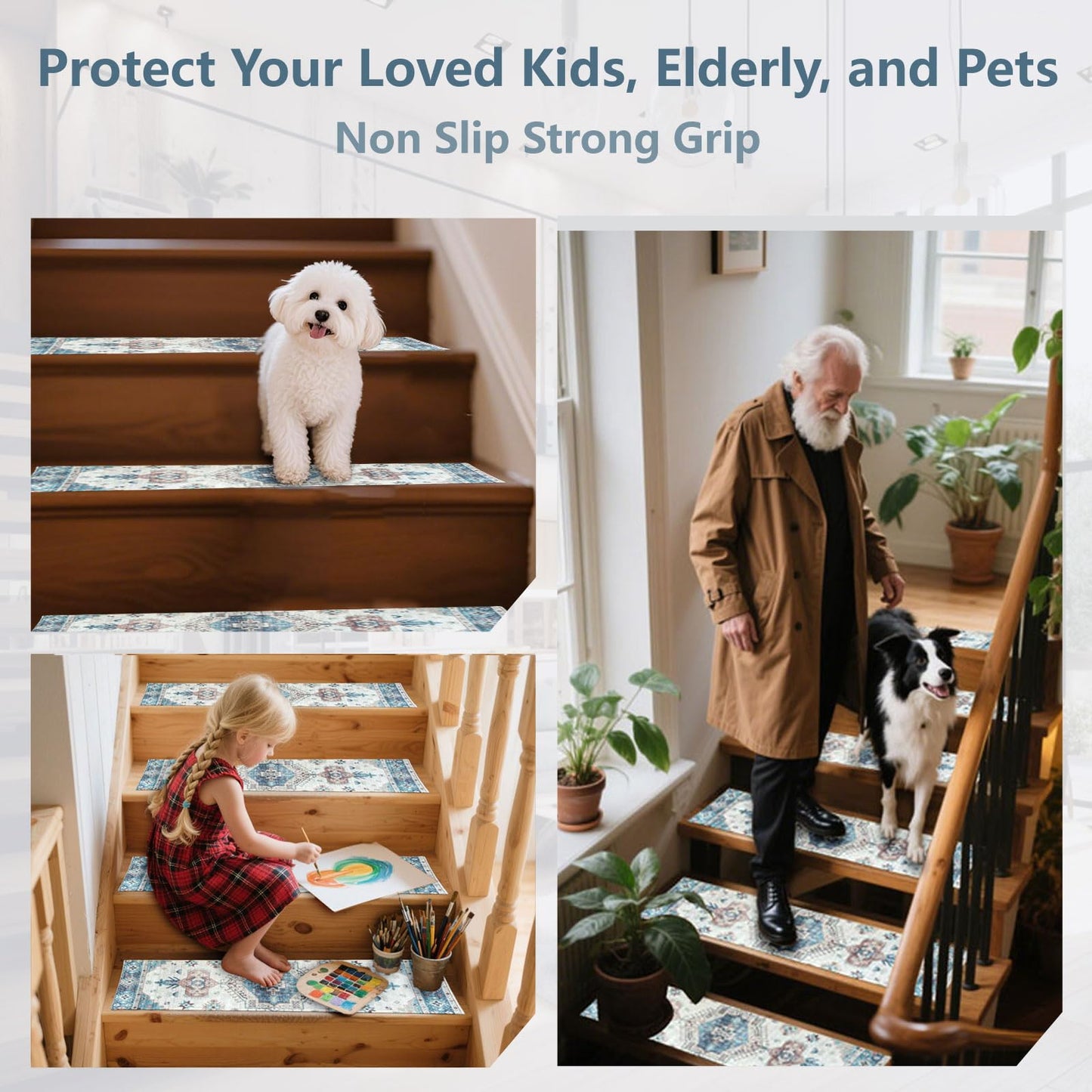Stair Runner Carpet Anti Slip Stair Treads for Wooden Steps Indoor Residue Free Peel and Stick Washable Stair Covers, Safe for Dogs Kids Elders, Boho Blue, 8x30 inch, 15 Pack