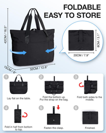 bagsmart Tote Bag for Women, Foldable Tote Bag, Handbags & Shoulder Bags with Zipper for Travel, Beach, Gym, Work, School