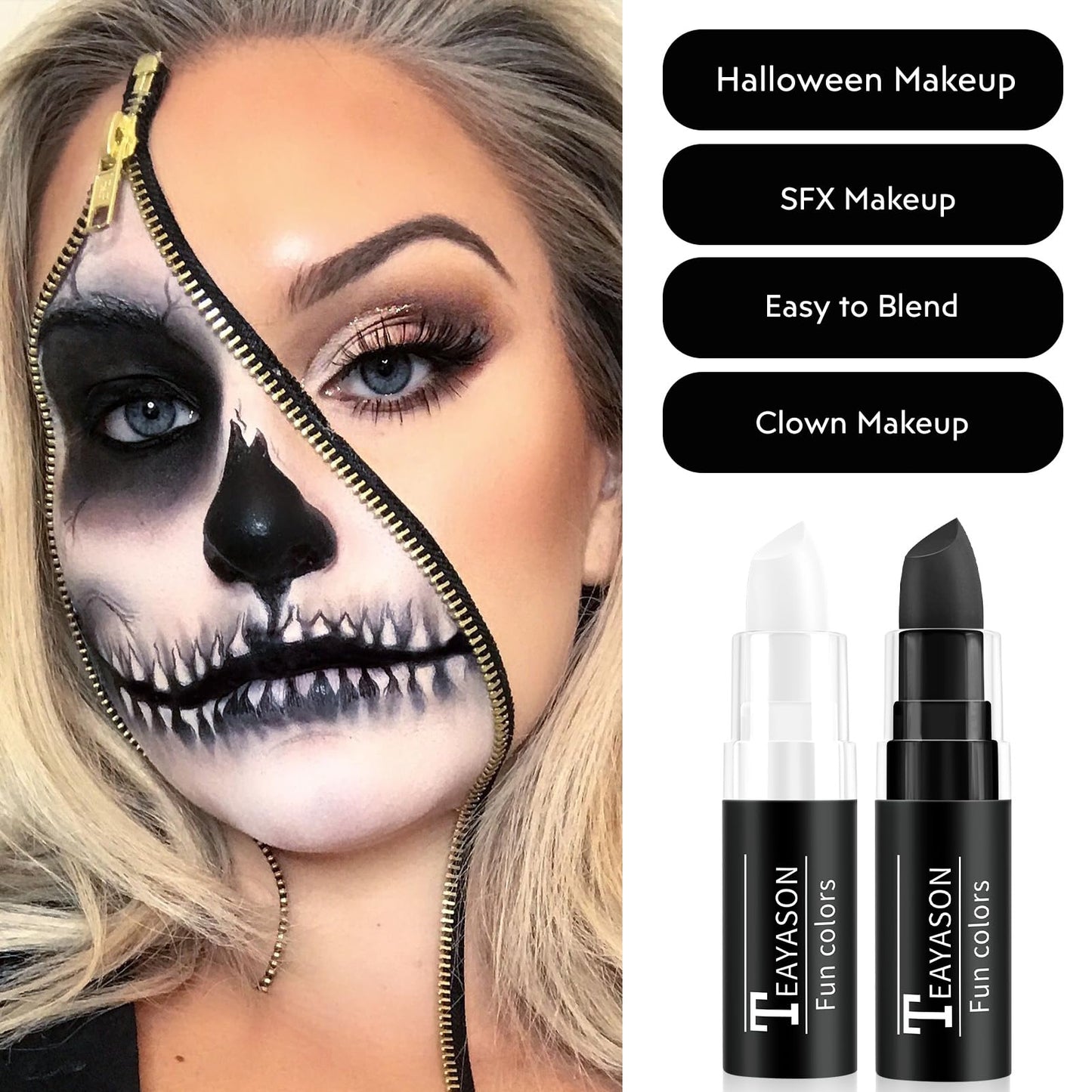 FIVEFULU Black and White Face Paint Halloween Makeup Kit, Matte Lipstick Set Eye Black Stick, Body Paint Face White Foundation Makeup for Halloween Zombie Clown Vampire Skeleton Skull Joker