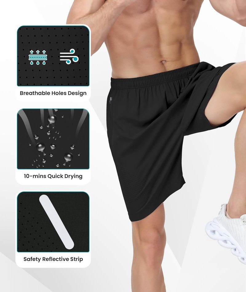 UUMIAER Mens Athletic Gym Shorts 7" Utra-Light Quick Dry Running Workout Basketball Shorts with Zipper Pockets Sports Tennis Black