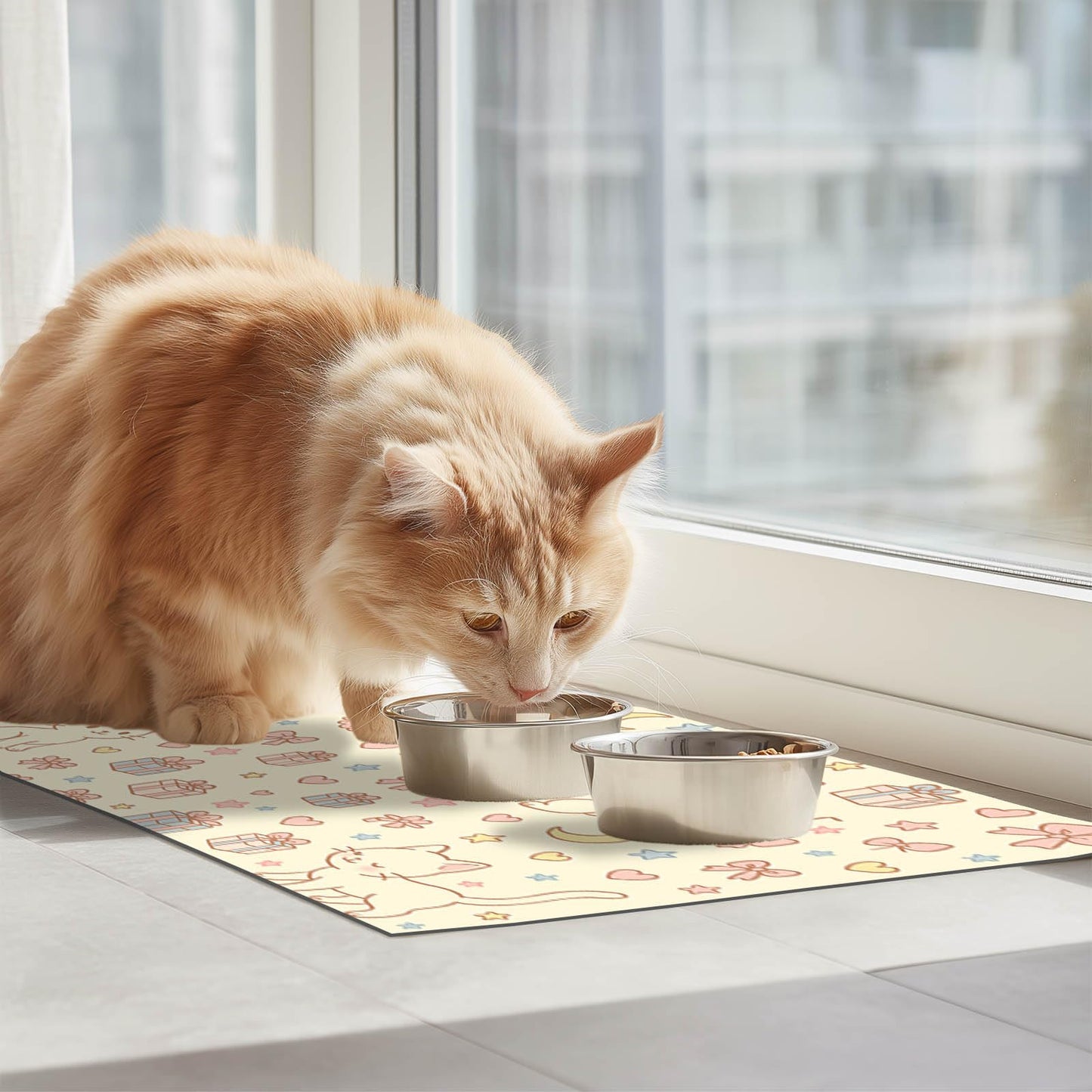 HOMETITUTE Cute Cat Pet Feeding Mat Adorable Kitten Food Placemat with Gift Bow and Star Print for Dogs and Cats Sweet Non Slip Mat for Dog Cat Food and Water Bowls Home Kitchen Decoration 20" x 12"