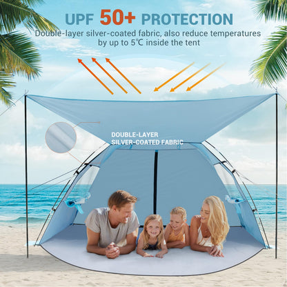 Elegear Beach Tent Sun Shelter with Canopy, 4-5 Person Pop Up Beach Tent, Easy Setup UPF 50+ UV Protection Portable Lightweight Double Silver Coating Beach Cabana Sun Shade Shelter - Sky Blue