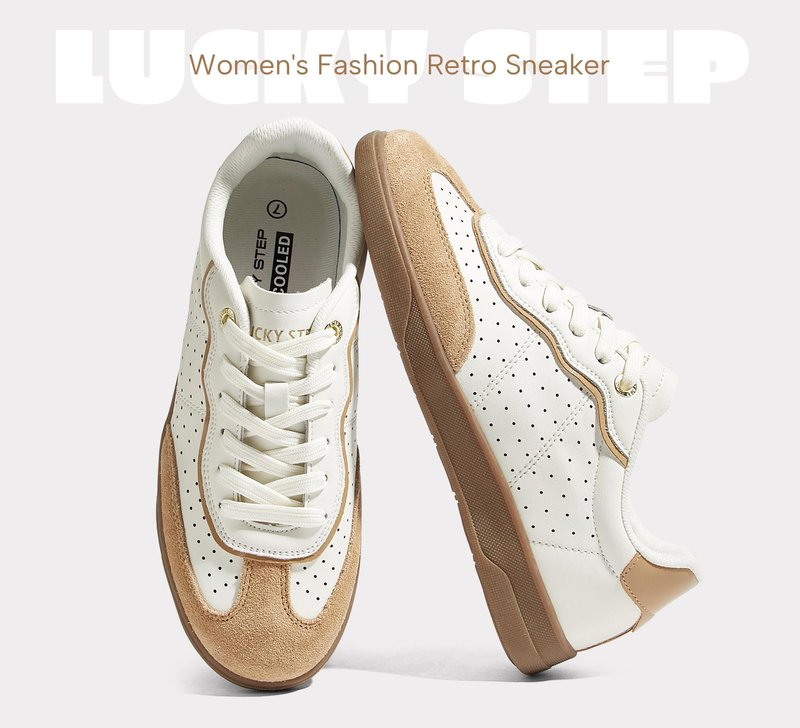 LUCKY STEP Women's Retro Cour Fashion Sneakers Casual Low Top Cow Suede Walking Shoes Anti-Slip Gum Rubber Sole Tennis Skate Footwear(White/Brown,7)