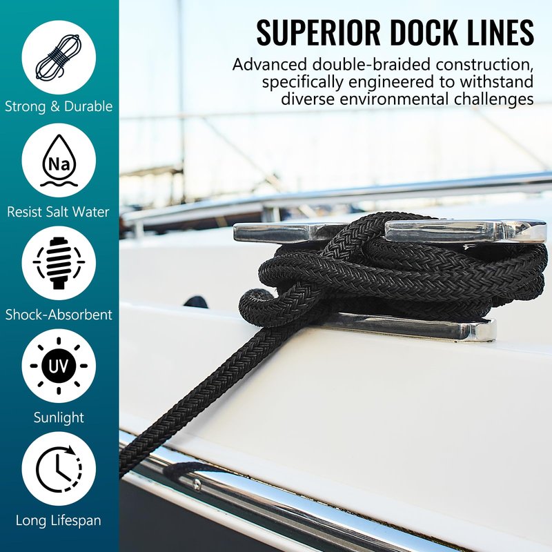 PropelTech 4 Pack 3/8" x 15’ Boat Dock Lines for Boat & Pontoon, Premium Marine- Grade Double Braided Nylon Dock Line, Pre-Spliced with a 12" Eyelet-Black,Boating Gifts for Men